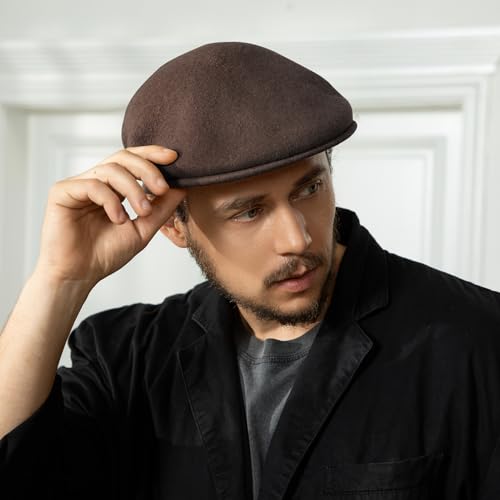 Wool Blend Mens Newsboy Caps, Classic Flat Cap Ivy Cabbie Gatsby Hat Winter Beret Hat for Men - color: Coffee