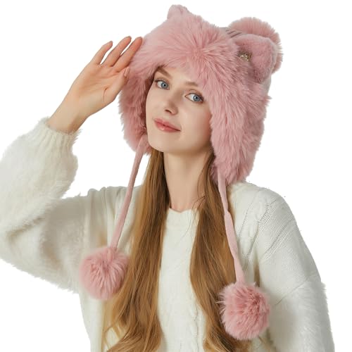 HUAMULAN Women Winter Sherpa Knit Beanie Hat Fleece Lined Ear Flaps - color: Pink Solid