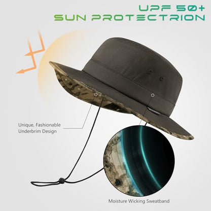 UPF 50+ Foldable Sun Hat Patterned Under Brim Bucket Hats for Summer Hiking Fishing Beach Safari Men Women - color: Brown, size: Medium