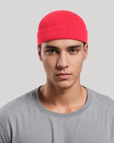 vidsel Thin Wool Fisherman Beanie for Men Short Knit Cuff Trawler Watch Hat - color: 1pcs-red