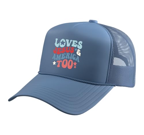Loves Jesus and America Too 4th of July Groovy God Christian Trucker Hat with Adjustable Mesh Back - color: Light Blue