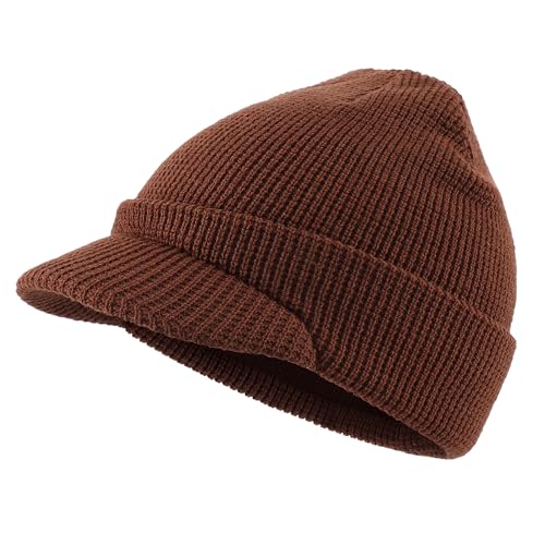 Home Prefer Mens Wool Blend Winter Hat Double-Layer Warm Knit Pre-Curve Visor Beanie Brimmed Beanies Hat for Men Women - color: Brown