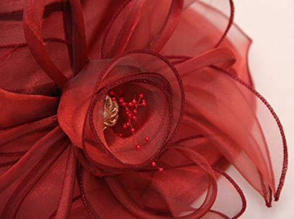 Women's Kentucky Derby Church Dress Hat Wide Brim Leaf Flower Bridal Shower Hat - color: F3 Wine