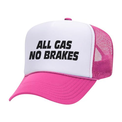 All Gas No Brakes Foam Trucker Cap Adjustable Mesh Back Hat - color: White/Hot Pink
