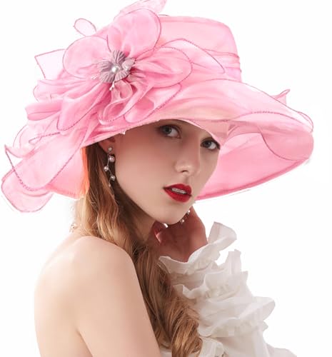 Organza Fascinator Hat - Women’s Wide Brim Church Bridal Tea Party Wedding Hat - color: 02a-lightpink