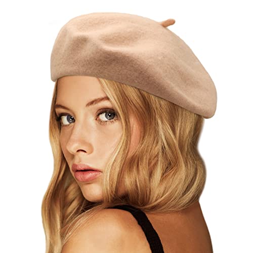 Wheebo Wool Beret Hat,Solid Color French Style Winter Warm Cap for Women Girls Lady - color: Apricot