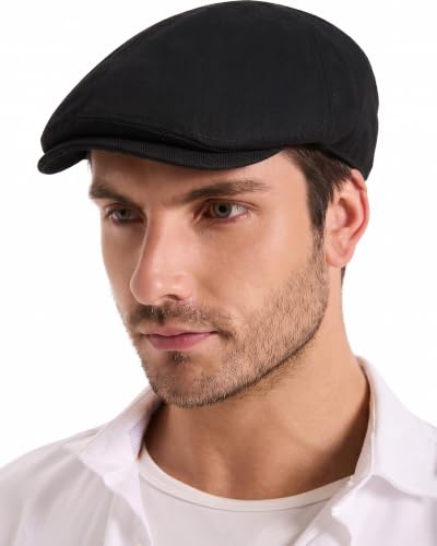 ZLYC Men Cotton Flat Cap Summer Scally Newsboy Beret Driver Hat - color: Plain Black