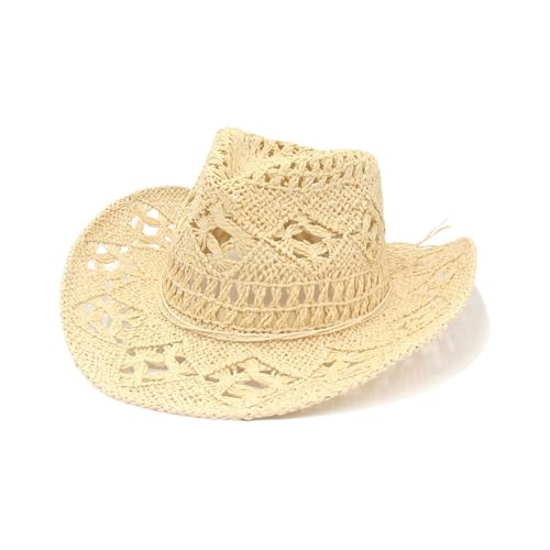 Straw Cowboy Hats for Women/Men Western Cowgirl Hat Foldable Wide Brim Cowboy Hat Travel Vacation Beach Sun Hats - color: Beige
