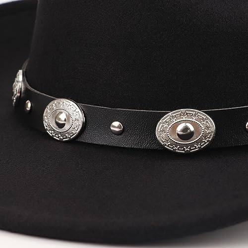DRESHOW Women Men Classic Felt Wide Brim Western Cowboy & Cowgirl Cap Belt Buckle Retro Panama Hat Unisex Rolled up Caps - color: 1 Pack Style 1: Black a (Hat Circumference: 22-22.8")