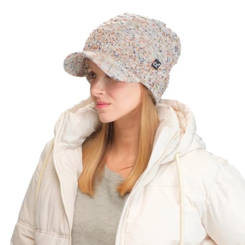 C.C Fuzzy Fleece Lined Warm Oversized Chunky Soft Stretchy Oversized Two Way Ribbed Slouchy Knit Hat with Visor Brim - color: Oatmeal