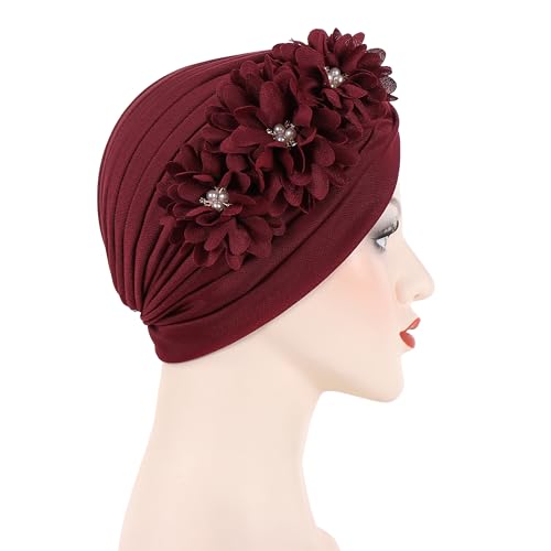 Flower Pre-Tied Turban Beanie, Soft Chemo Cap for Women Cancer Hair Loss - color: Wine