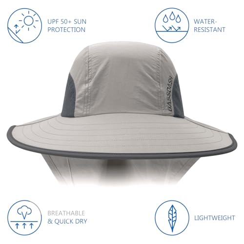 BASSDASH UPF 50+ Unisex Water Resistant Wide Brim Sun Hat with Large Neck Flap Ponytail Fishing Hat for Men Women - color: Light Grey/Dark Grey