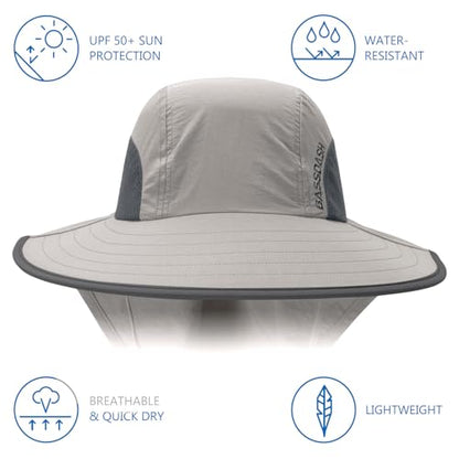 BASSDASH UPF 50+ Unisex Water Resistant Wide Brim Sun Hat with Large Neck Flap Ponytail Fishing Hat for Men Women - color: Light Grey/Dark Grey