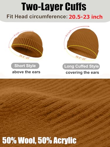 Wool Short Fisherman Beanie for Men Women Double Cuffed Skull Caps - color: 1pcs-golden Brown