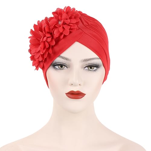 Flower Pre-Tied Turban Beanie, Soft Chemo Cap for Women Cancer Hair Loss - color: Red