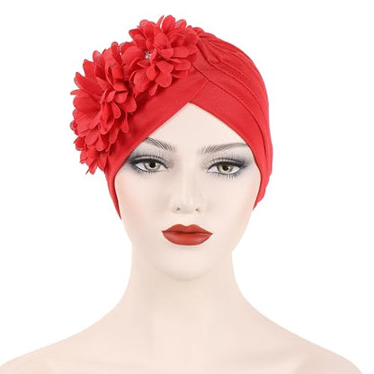 Flower Pre-Tied Turban Beanie, Soft Chemo Cap for Women Cancer Hair Loss - color: Red