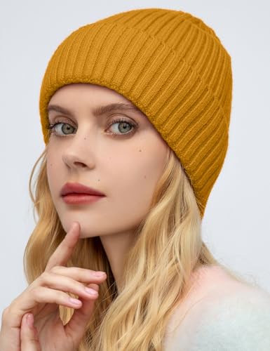 Satin Lined Wool Acrylic Blend Beanie Hat Women Men, Winter Knit Cap - color: Yellow