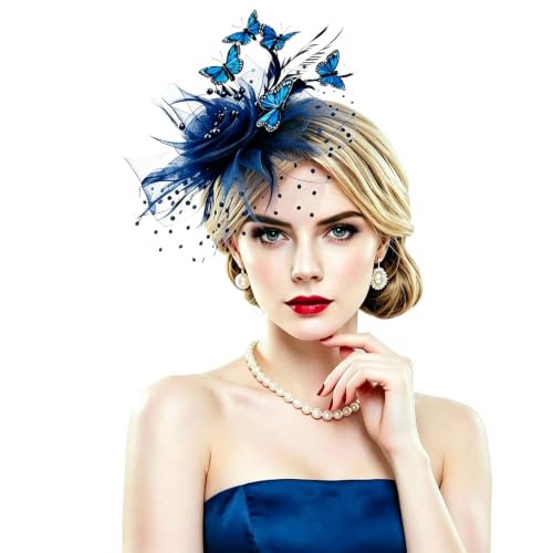 Women's Fascinators Hat with Butterfly, Kentucky Horse Derby Headwear Decor - color: Navy Blue