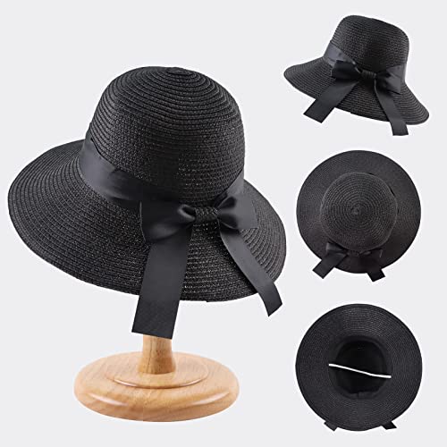 Zsedrut Women,Little Girls Straw Sun Hat Summer Beach Cap Foldable Visor Floppy Hats Wide Brim with Bowknot - color: Black, size: One Size