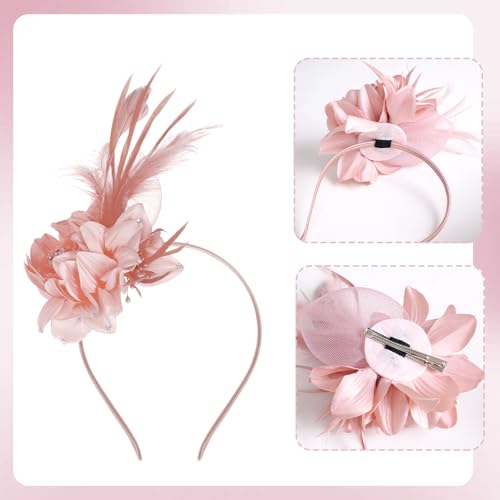 Pistha Fascinators Hats for Women, Fascinators Headband Pearl Mesh Feather Headpiece for Wedding Cocktail Tea Party Accessory - color: Nude Pink
