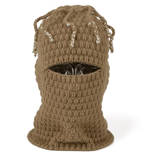 CLAPE Distressed Balaclava for Men, Funny Knitted Ski Motorcycle Mask Distressed Winter Windproof Snow Full Face Cover Mask - color: Khwb2401-khaki