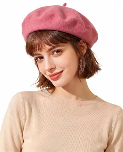French Beret Hats for Women Men - Classic Wool Beanie Winter Cap - color: Pink