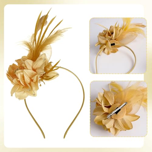Pistha Fascinators Hats for Women, Fascinators Headband Pearl Mesh Feather Headpiece for Wedding Cocktail Tea Party Accessory - color: Gold