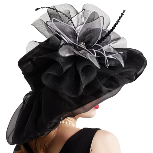 Women Organza Church Derby Hat Wide Brim Sun Caps for Wedding Tea Party Hat with Detachable hat Flower as Headgear - color: 10-black
