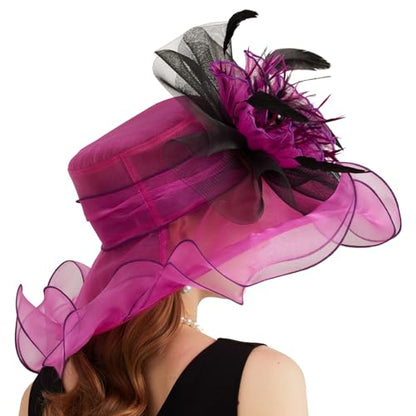 Women Organza Church Derby Hat Wide Brim Sun Caps for Wedding Tea Party Hat with Detachable hat Flower as Headgear - color: 11-rose Red