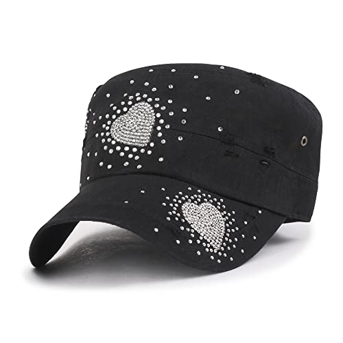 ililily Rhinestone Cotton Cadet Cap Vintage Distressed Cotton Military Army Hat - color: Black-heart