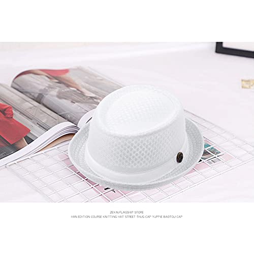 Straw Mesh Pork Pie Hat,Men Summer Fedora,Lightweight Bowler Flat Top - color: White+navy Blue