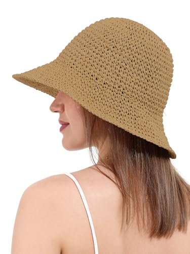 Womens Sun Hat Handmade Crochet Straw Bucket for Summer Foldable Travel Cap - color: Khaki