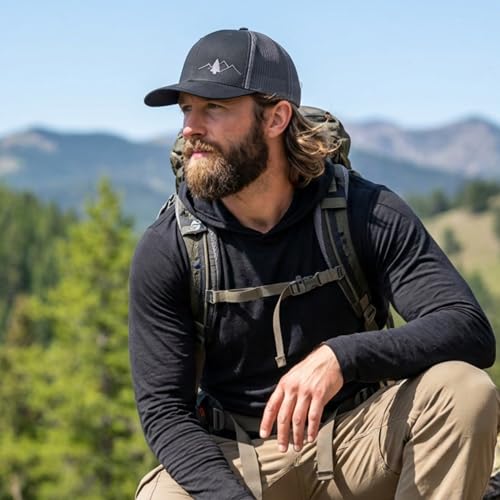 LINDO Trucker Hat [ Great Outdoors Design ] for Men and Women: Mid Profile Cap with Breathable Mesh Back and Adjustable Snap - color: Black/Graphite