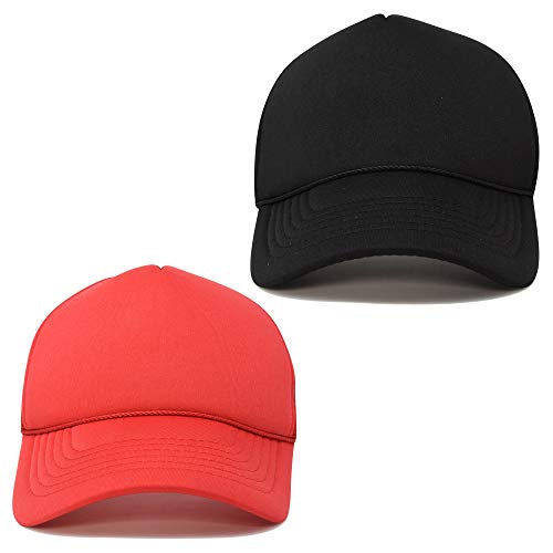 DALIX Solid Blank Trucker Hats Caps 2 Pack - color: Black and Red