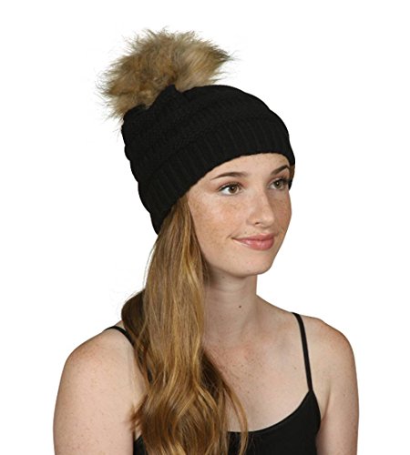 Gravity Threads Cable Knit Faux Fur Pom Pom Beanie Hat - color: Black