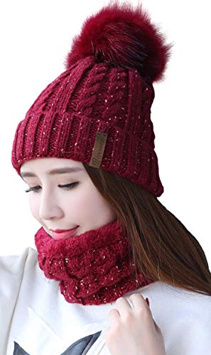 IYEBRAO Womens Winter Knit Beanie Hat and Scarf Set Girls Cute Slouchy Thick Fleece Lined Ski Hat Warm Skull Cap with Pom - color: Wine Red
