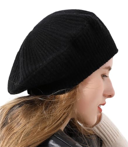 Cashmere Berets Hats Women Winter Warm Merino Wool Knitted Oversized Beige Beanie - color: Black