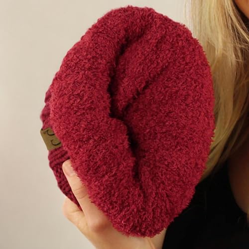 C.C Exclusives Soft Stretch Cable Knit Messy Bun Ponytail Beanie Winter Hat for Women (MB-20A) - color: Solid Burgundy