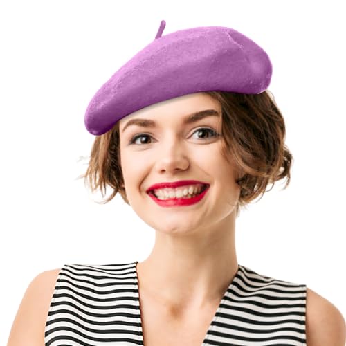 French Beret Hats for Women - Soft Warm Wool Solid Color Beanie Winter Cap - color: Lavender