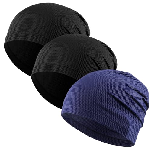 3 Pack Breathable Cooling Skull Cap Sweat Wicking Beanie for Cycling Running Helmet Liner Cap Under Hard Hat - color: Black+black+blue