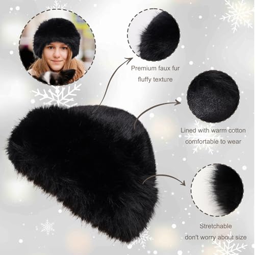 Womens Faux Fur Hat Winter Thickened Bucket Hat Warm Faux Fur Hats Plush Mongolian Hats Russian Beret for Women - color: Black