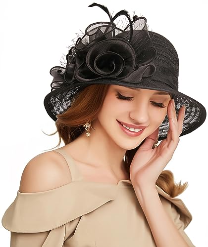 Women's Kentucky Derby Church Dress Hat Wide Brim Leaf Flower Bridal Shower Hat - color: R1 Black