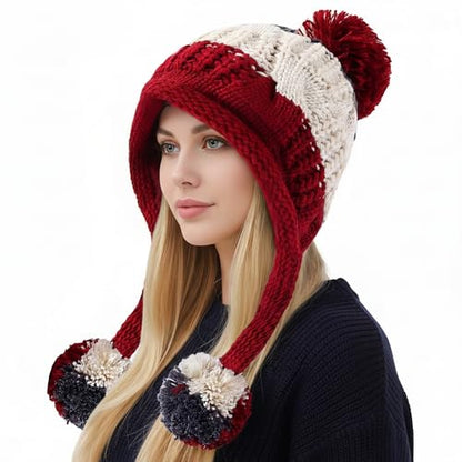 HUAMULAN Women Winter Sherpa Knit Beanie Hat Fleece Lined Ear Flaps - color: Beige Winered