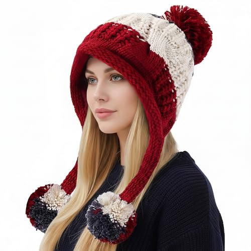 HUAMULAN Women Winter Sherpa Knit Beanie Hat Fleece Lined Ear Flaps - color: Beige Winered