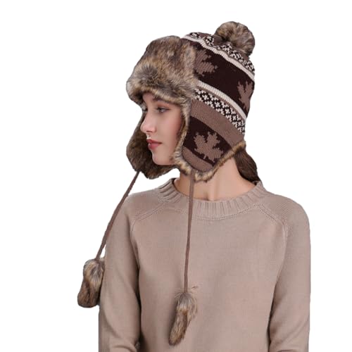 Holiberty Womens Winter Knit Beanie Hat Ladies Fur Pom Poms Ears Warm Slouchy Snow Ski Cap Fleece Thermal Ushanka Trapper Hat - color: Coffee