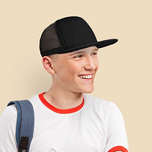DALIX Flat Billed Trucker Hat Mesh Back S M L Adjustable Cap Solid Two Toned Snapback - color: Black, size: One Size