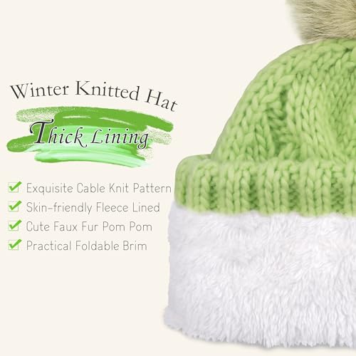 FZ FANTASTIC ZONE Womens Pom Pom Winter Warm Beanie Hat Cap Fleece Lined - color: Green