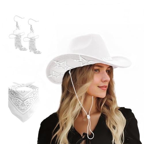SHENYI Cowgirl Hat and Bandana and Heart Sunglasses Glitter Rhinestone Star Cowboy Hat Western Sparkly Hats for Women Men - color: Cowgirl White
