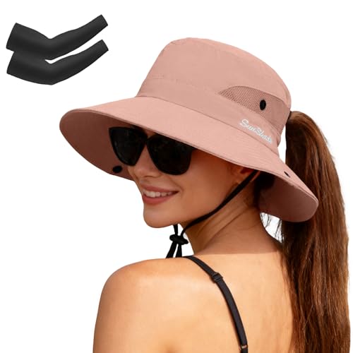 ZOORON Women's Ponytail Safari Sun Hat,Wide Brim UV Protection Bucket Hat - color: 1-purepink/Arm Sleeves