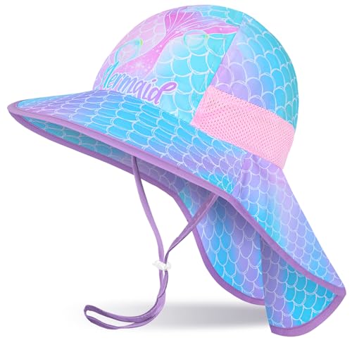 Girls Sun Hat for Kids UV Protection Unicorn Summer Hat Beach Play Hats Wide Brim Neck Flap for Girls Ponytail Hat 2-9 Years - color: Blue Purple Mermaid